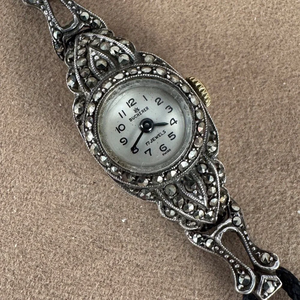 Vintage Elegant 1930s Bucherer Ladies Swiss Made Marcasite Watch .800 Silve